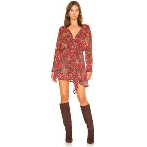 Free People Floral Wrap Teegan Mini Dress in Red and Blue